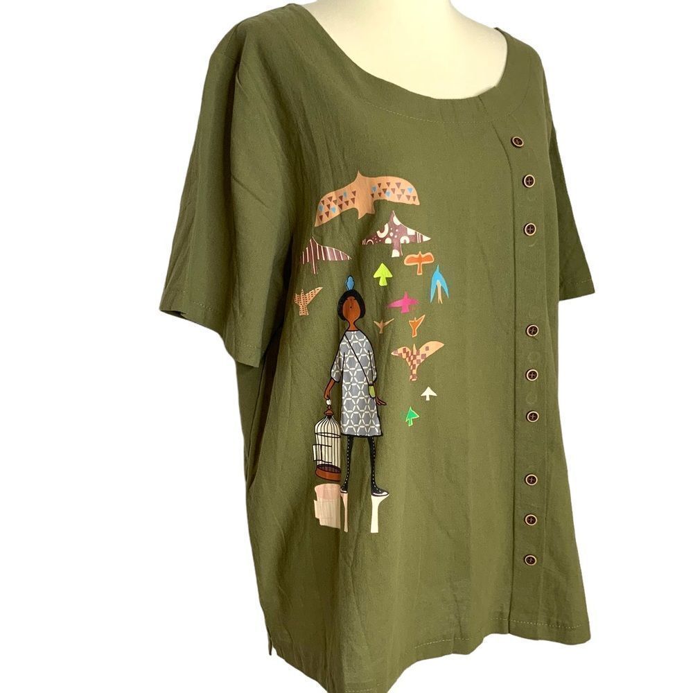 Green Graphic Design Print Birds People Popover Blouse Top Women’s Size L